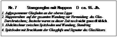 Textfeld:       Nr. 7         Stangenglas mit Nuppen    D  ca. 16. Jh.
1. Aufgesponnener Glasfaden an der oberen Lippe
2. Nuppenreihen  auf der gesamten Wandung zur Vermeidung  des Glas-
   Durchrutschens; Bestecke waren zu dieser Zeit noch nicht generell �blich
3. Abdichtschnur zwischen Spitzboden und Wandung, Standring
4. Spitzboden mit Bruchkante der Glaspfeife und Signatur des Glasbl�sers
